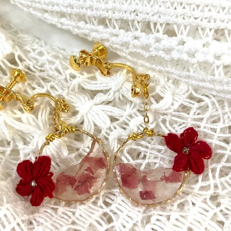 【手作飾品系列】 鉤針編織 半透明閃爍小花耳環 夾式耳環
